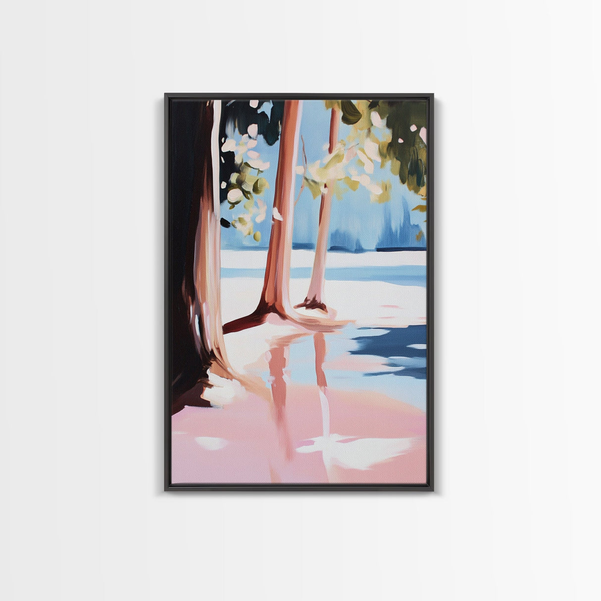 Sunset Reflection, Tranquil Beach, Serene Landscape, Ocean Serenity, Pink Skies, Relaxing Vibes, Framed Canvas Print, Living Room