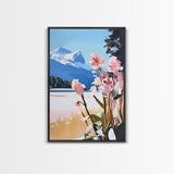 Mountain Flowers, Nature Landscape, Romantic Aesthetic, Rustic Cabin, Framed Canvas Print, Cozy Home Decor, Living Room Wall Art