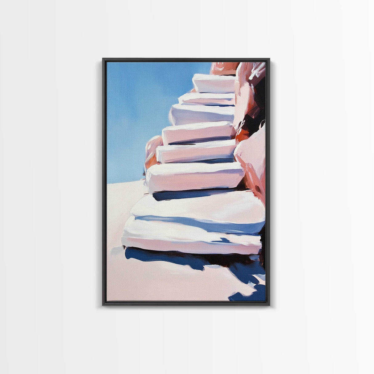 Stairway To Sky, Abstract Architecture, Minimalist Art, Modern Wall Decor, Soft Pastel Tones, Framed Canvas Print, Bedroom