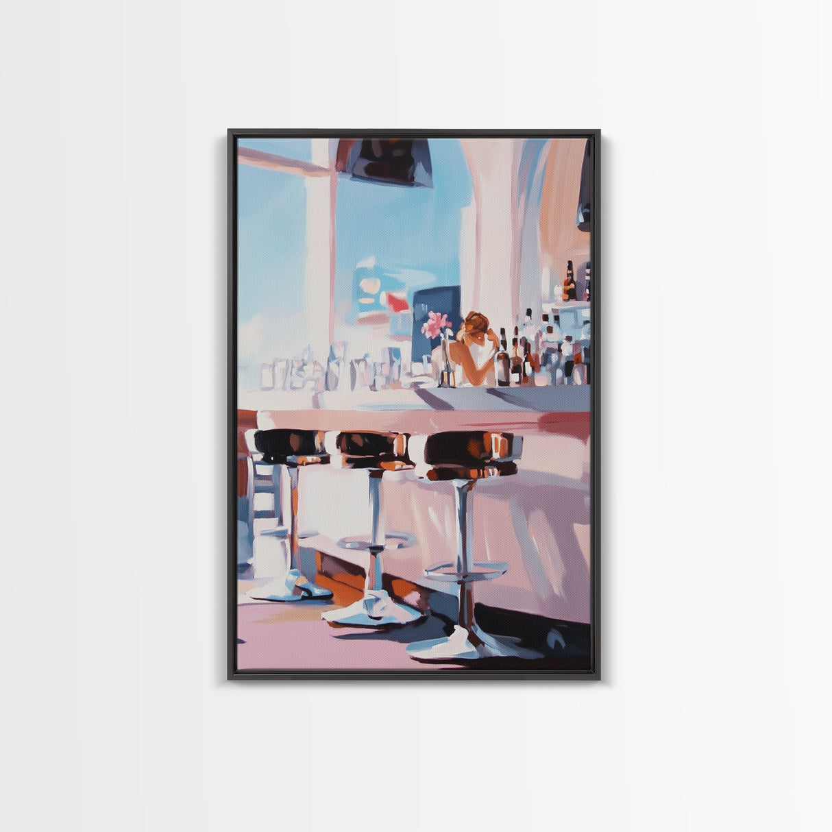 Chic Bar Scene, Modern Art, Cozy Atmosphere, Framed Canvas Print, Minimalist Wall Art, Contemporary Home Decor, Dining Room Artwork