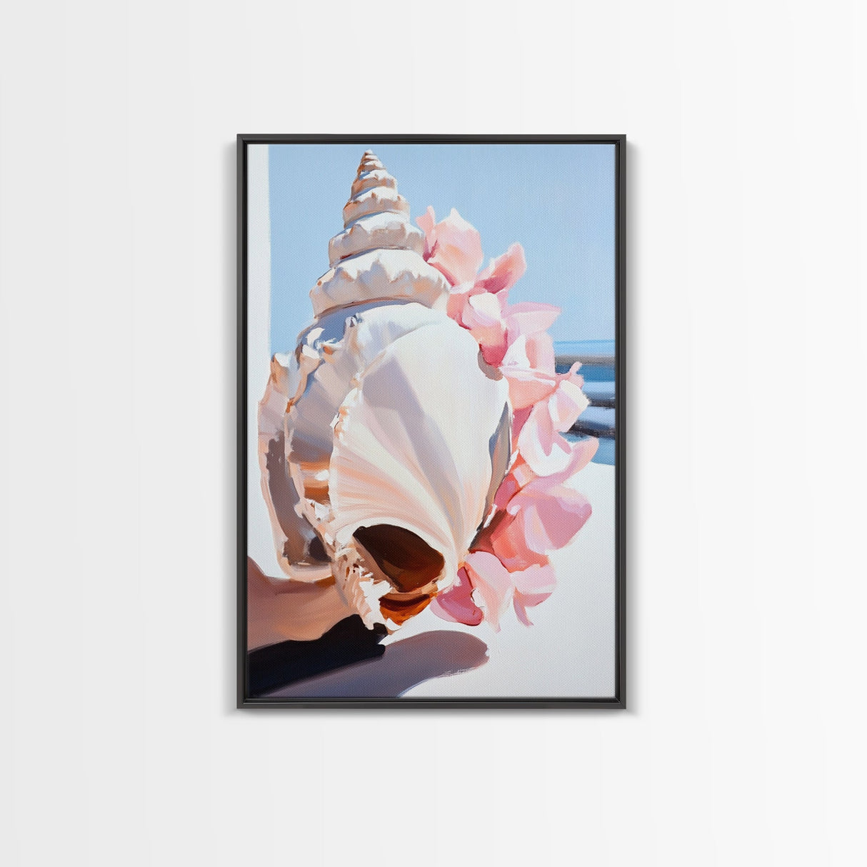 Seashell, Pink Flowers, Beach Aesthetic, Coastal Wall Art, Framed Canvas Print, Nautical Decor, Ocean Lover, Bedroom Art