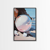 Reflective Sphere, Surrealist Print, Beach Art, Coastal Decor, Framed Canvas Print, Minimalist Aesthetic, Living Room Wall Art
