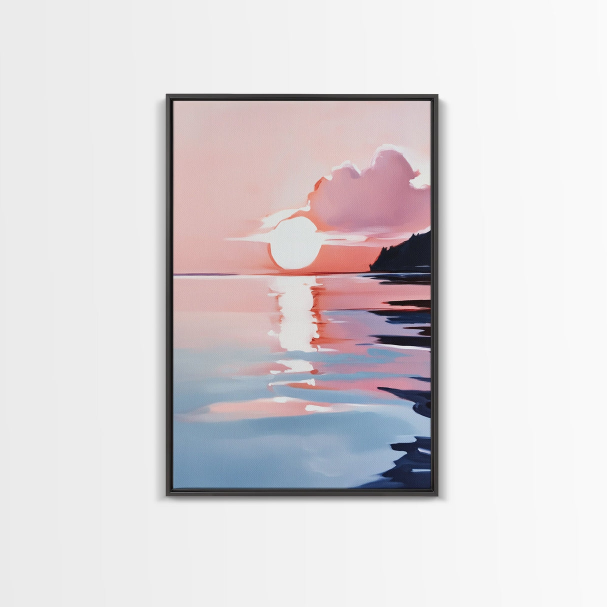Ocean Sunset, Abstract Seascape Art, Framed Canvas Print, Beach House Wall Art, Modern Coastal Decor, Pink Sky Painting, Bedroom Artwork