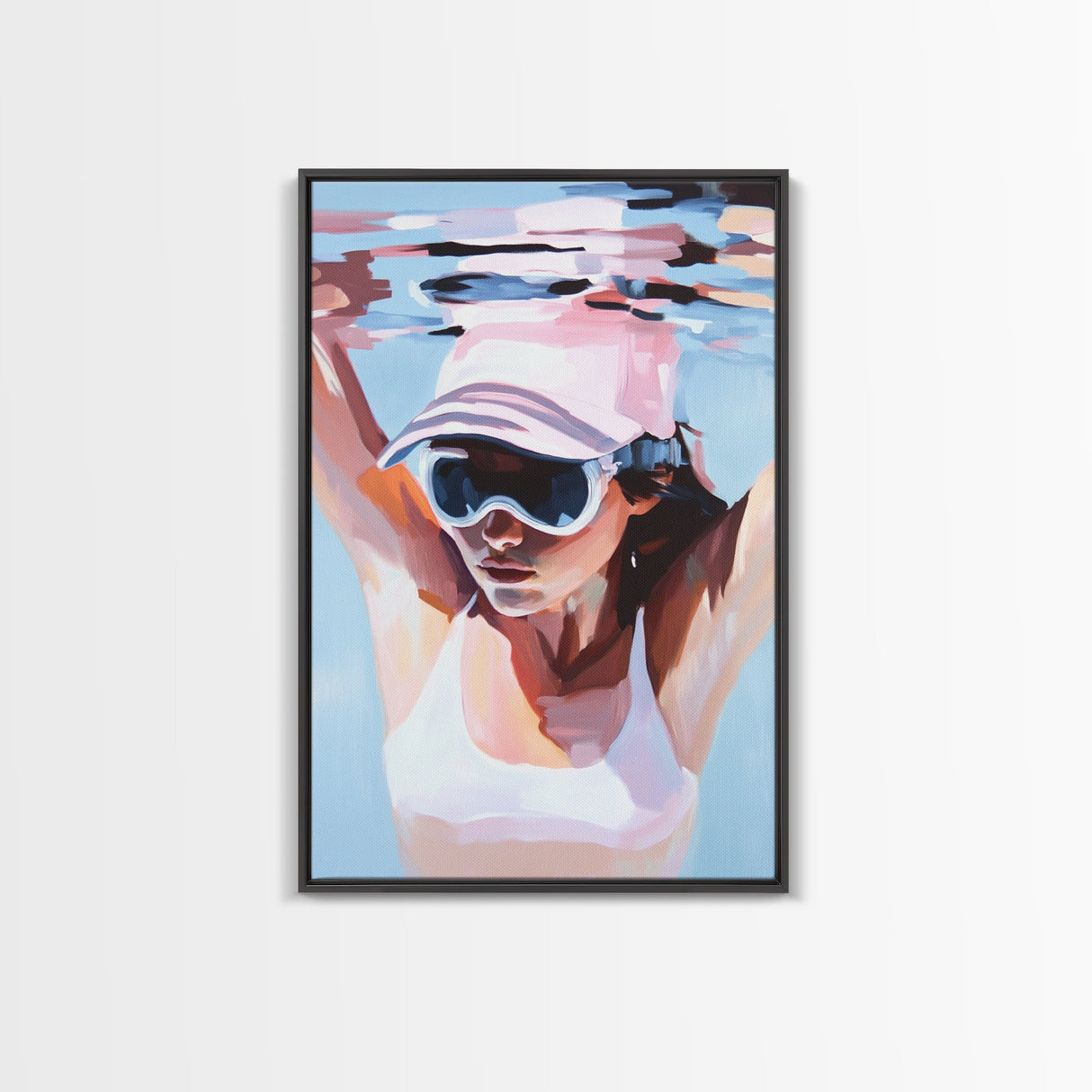 Woman swimming, Coastal Serenity Art, Framed Canvas Print, Modern Beach House Decor, Soft Pastel Seascape, Minimalist Landscape Painting