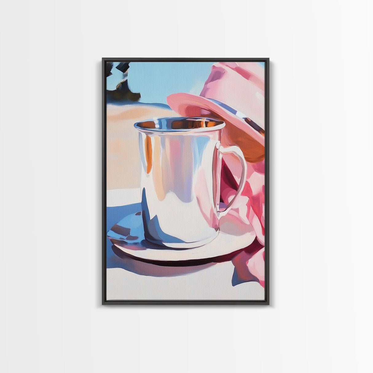 Silver Cup and Hat, Elegant Still Life, Minimalist Kitchen Decor, Soft Pastel, Modern Aesthetic, Canvas Print, Framed Canvas Print