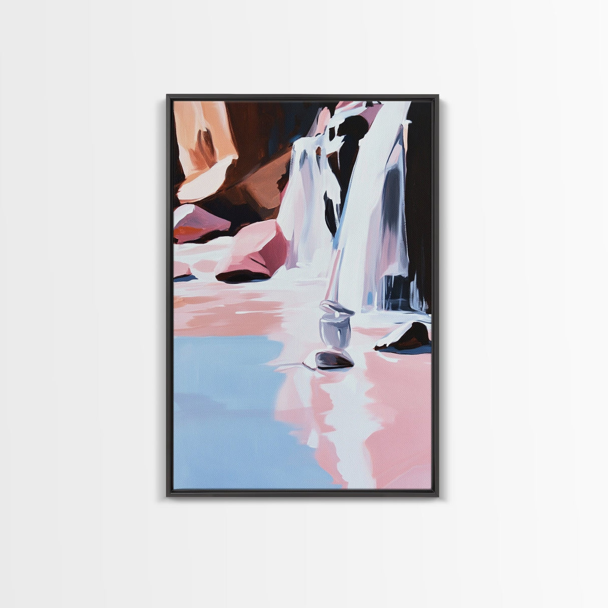Waterfall, Floral Abstract, Pink Tones, Framed Canvas Print, Dreamy Nature Art, Romantic Wall Decor, Aesthetic Bedroom Art, Serene Style
