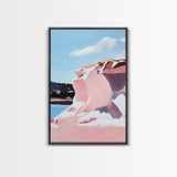 Pink Cliffs, Coastal Beauty, Ocean Landscape, Soft Pastel Art, Nature Inspired, Tranquil Scenery, Boho Wall Art, Framed Canvas Print