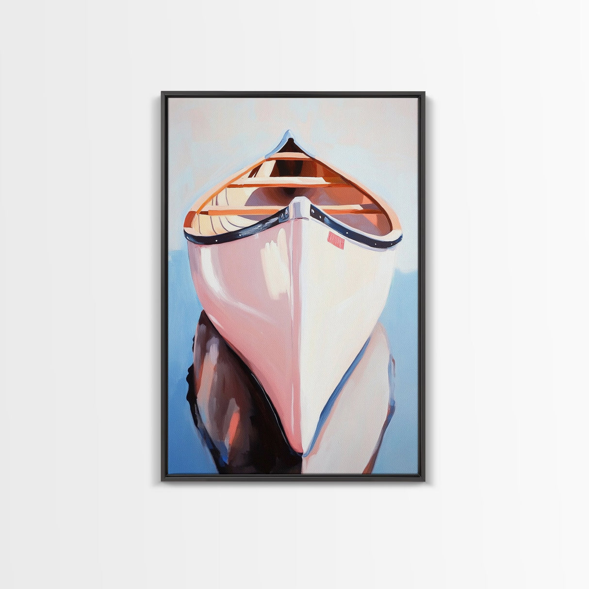 Wooden Canoe, Peaceful Waters, Reflection Art, Framed Canvas Print, Boho Decor, Nautical Style, Lake House Art, Minimalist Landscape
