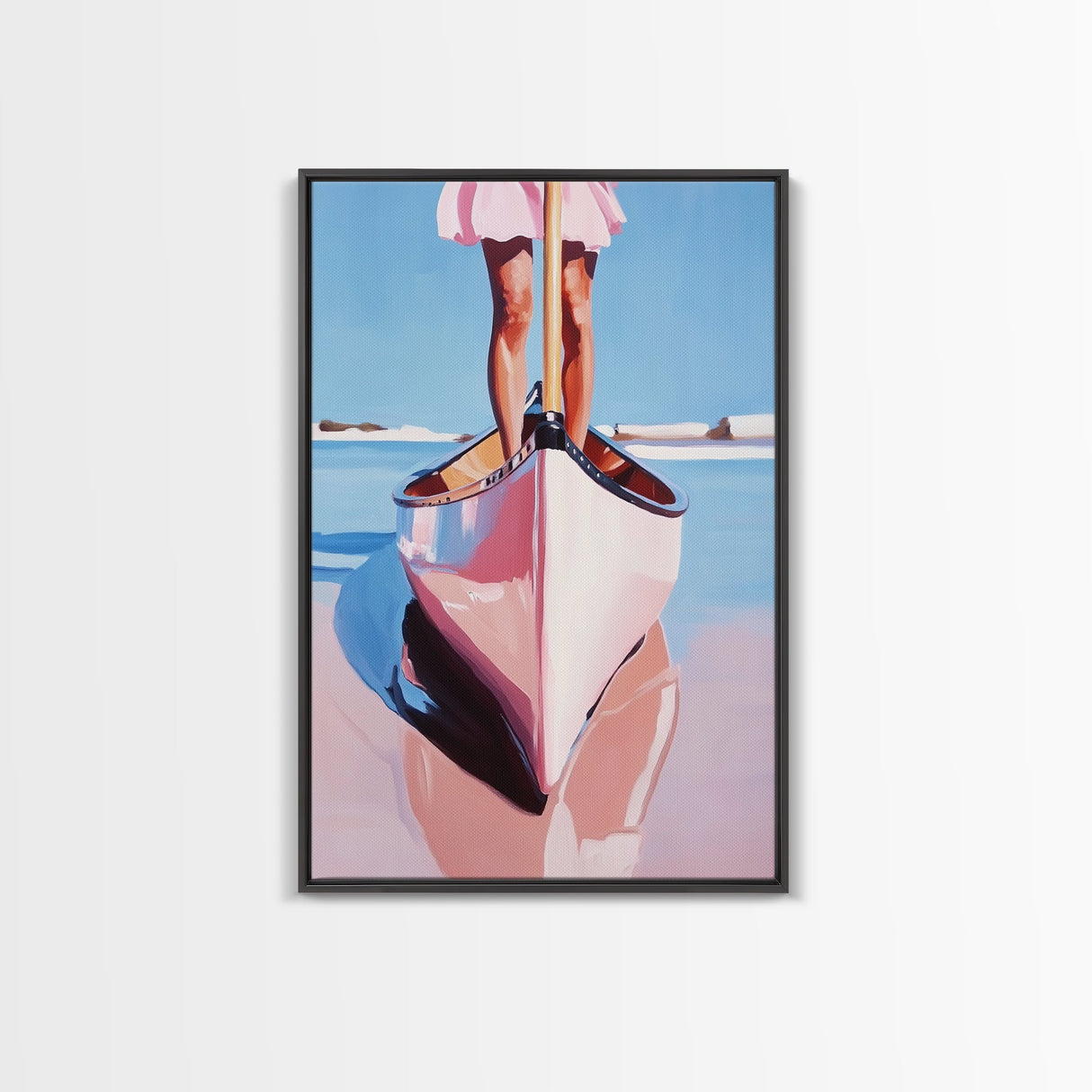 Pink Canoe, Girl, Reflection, Framed Canvas Print, Coastal Wall Art, Nautical Decor, Summer Aesthetic, Beach House Art, Boho Art