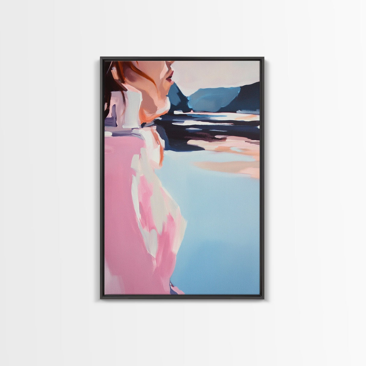 Dreamy Beach Art, Minimalist Woman Portrait, Coastal Fashion Illustration, Soft Pastel Colors, Framed Canvas Print, Bedroom Wall Art