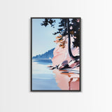 Lakeview Landscape Art, Serene Nature Print, Modern Forest Painting, Tranquil Coastal Scene, Framed Canvas Print, Living Room Wall Art