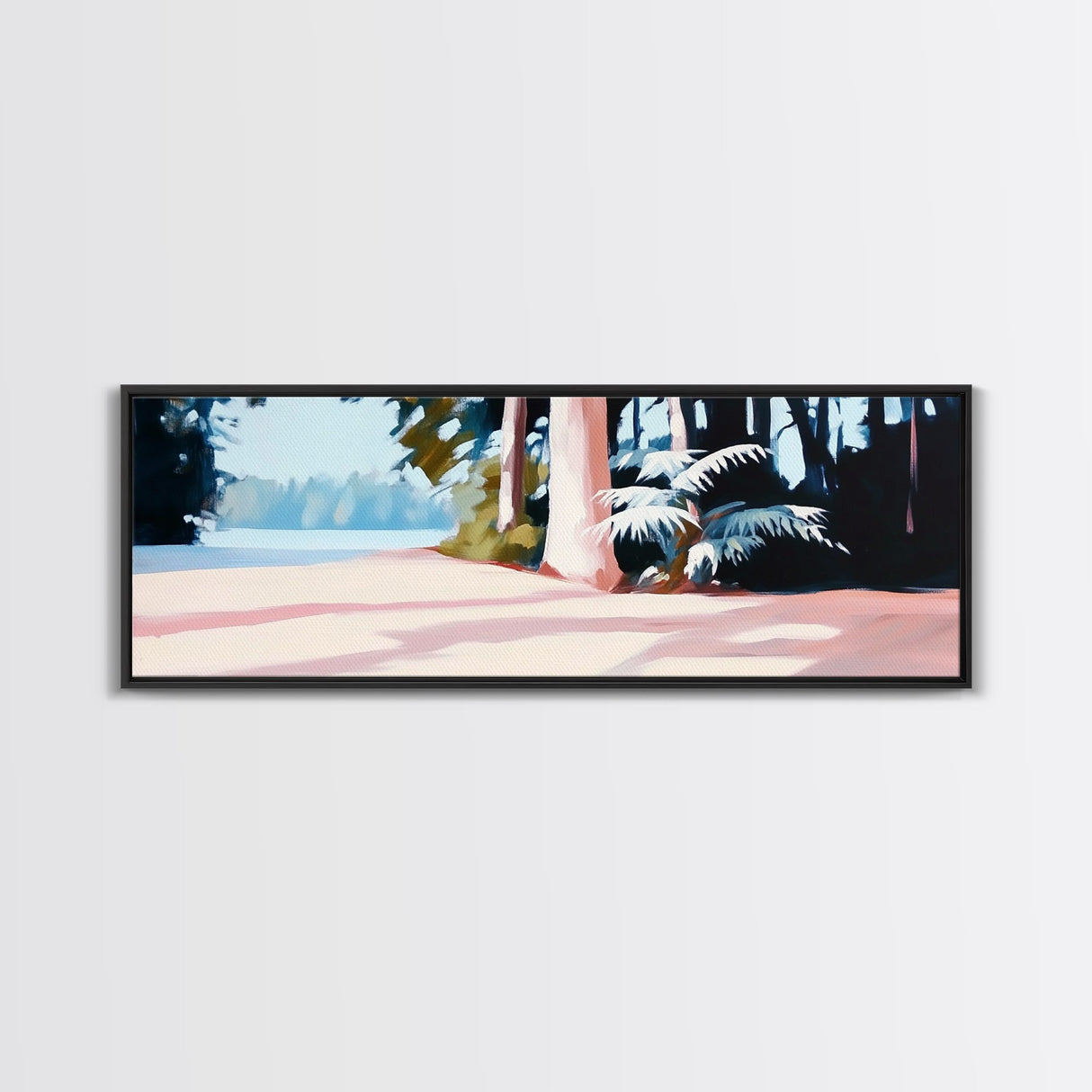 Forest Path, Sunlit Trees, Serene Nature, Framed Canvas Print, Tranquil Wall Art, Modern Landscape, Living Room Art, Cozy Decor
