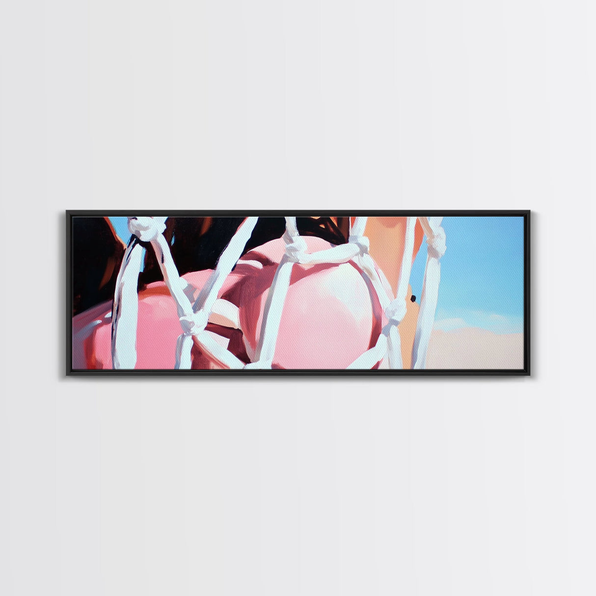 Rope Swing, Woman in Pink, Sunlit Sky, Framed Canvas Print, Summer Wall Art, Minimalist Decor, Feminine Aesthetic, Boho Art