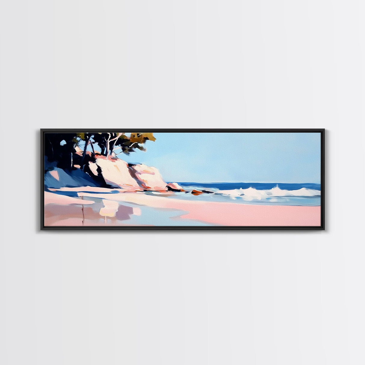 Cliffs, Waves, Pink Sand, Framed Canvas Print, Seascape Wall Art, Coastal Home Decor, Ocean Scene, Pastel Aesthetic, Relaxing Landscape