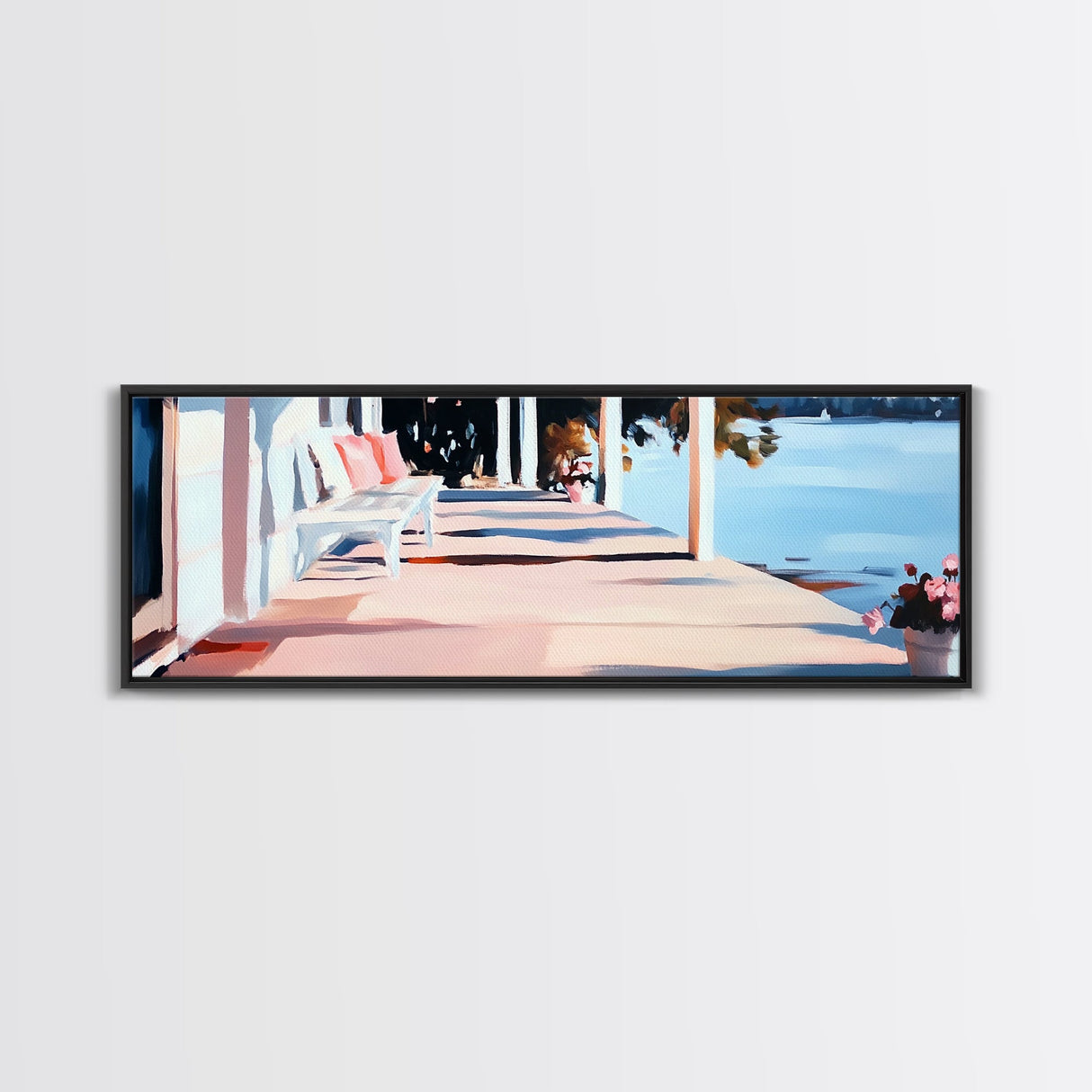 Lakeside Porch, Cozy Home Art, Summer House Aesthetic, Rustic Elegance, Pink and Blue Decor, Warm Vibes, Canvas Print, Relaxing View