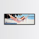 Hammock Rest, Relaxation, Coastal, Framed Canvas Print, Beach House Decor, Summer Vibes, Minimalist Art, Bedroom Wall Art, Boho Aesthetic