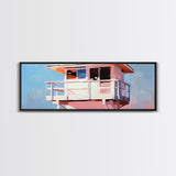 Lifeguard Tower, Ocean, Coastal, Framed Canvas Print, Beach House Decor, Nautical Wall Art, Minimalist Aesthetic, Blue and White Tones