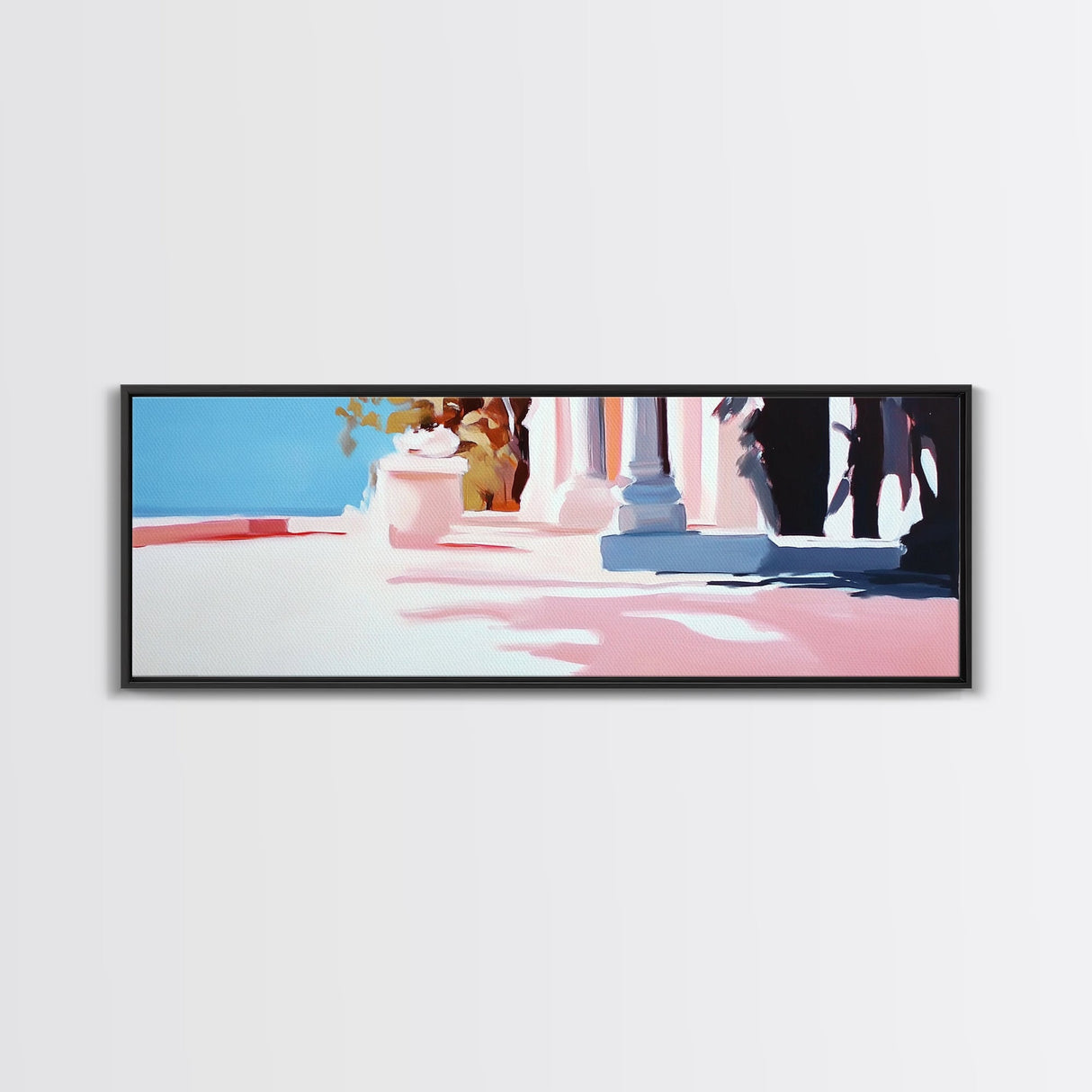 Mediterranean Villa, Sunlit Terrace, Minimalist Landscape, Canvas Print, Living Room Wall Art, Soft Pastels, Modern Architecture Decor