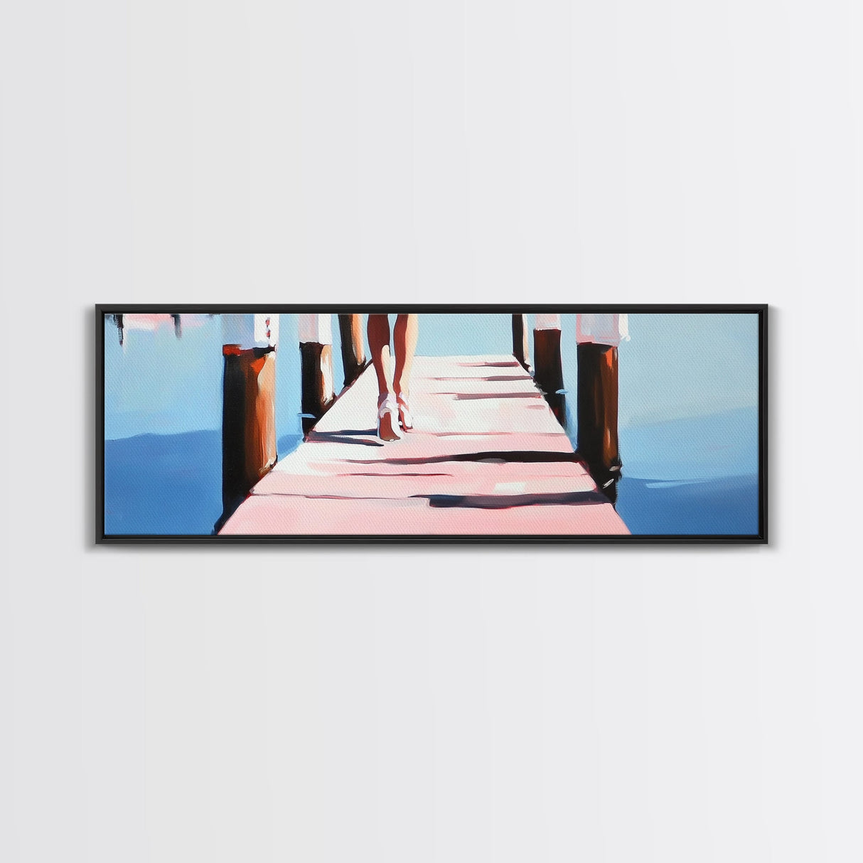 Walking on Dock, Waterfront Scene, Coastal Style, Framed Canvas Print, Minimalist Wall Art, Nautical Decor, Light and Airy Art