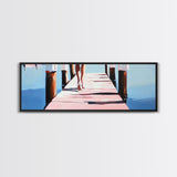 Walking on Dock, Waterfront Scene, Coastal Style, Framed Canvas Print, Minimalist Wall Art, Nautical Decor, Light and Airy Art