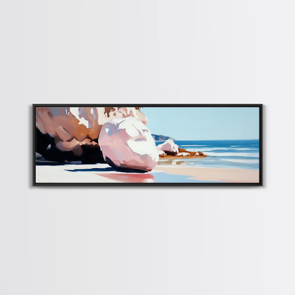 Beach Boulders, Coastal Landscape, Tranquil Escape, Framed Canvas Print, Ocean Wall Art, Boho Decor, Relaxing Seaside Painting