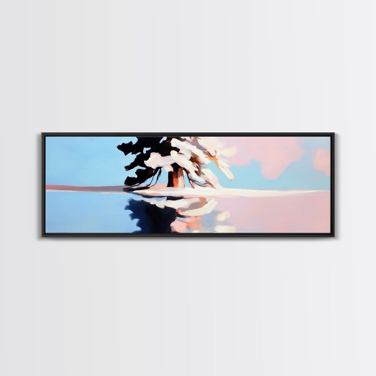 Winter Tree Reflection, Snowy Landscape Print, Serene Nature Art, Pastel Painting, Large Canvas Print, Minimalist Home Decor, Office Art