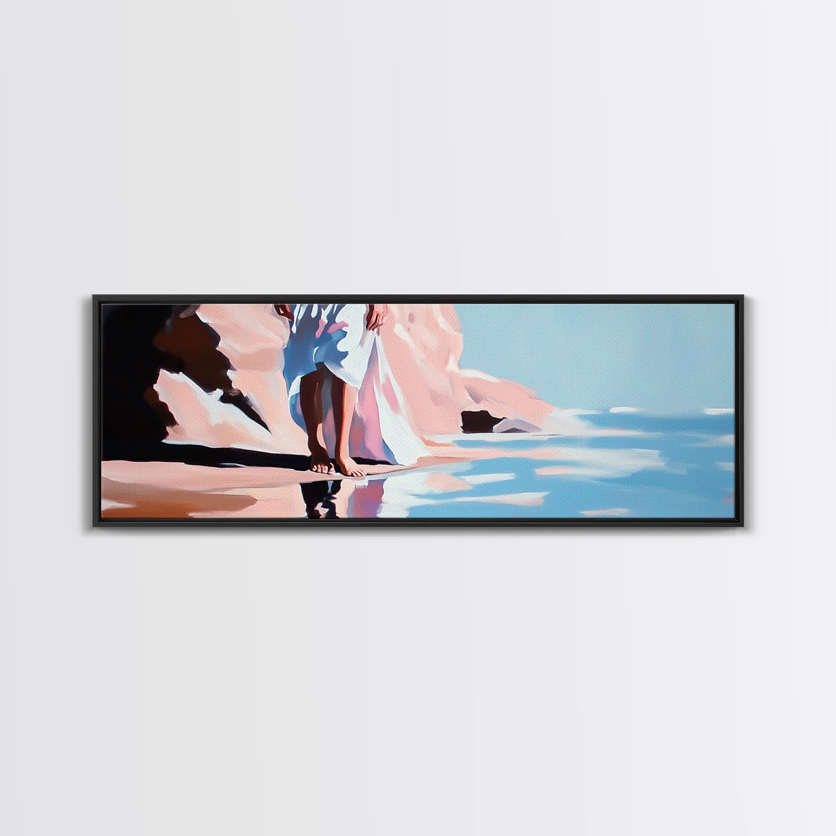 Woman Walking, Elegant Art, Coastal Chic, Bedroom Wall Art, Fashion Illustration, Soft Pastel Tones, Framed Canvas Print, Feminine Decor