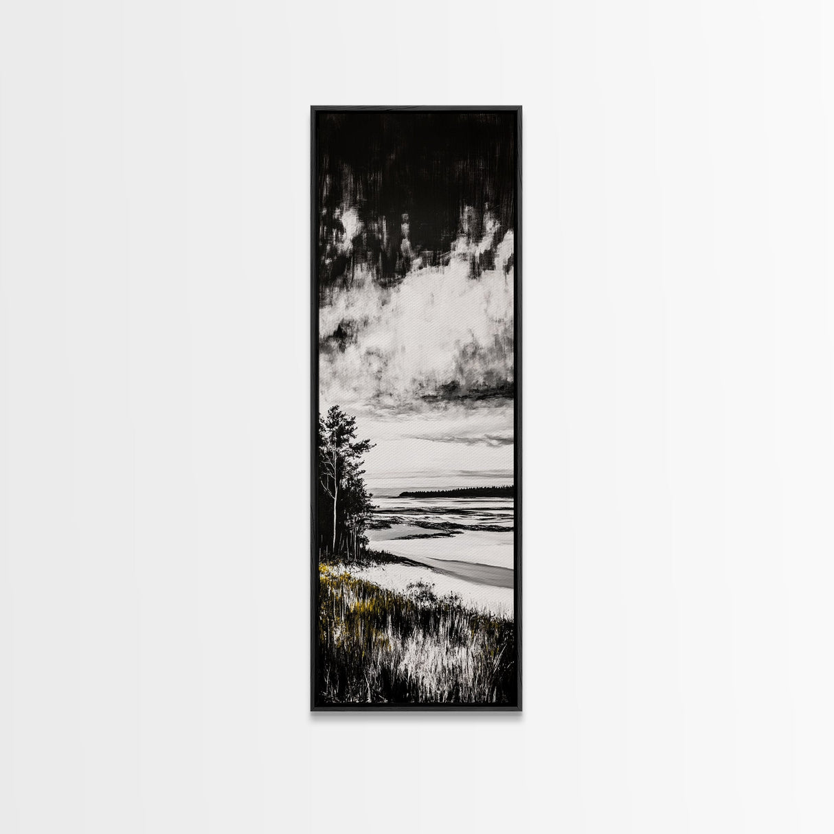 Coastal Serenity, Black White Landscape, Ocean Horizon Art, Minimalist Beach Scene, Modern Home Decor, Framed Canvas Print