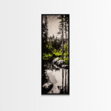 Tranquil River, Black White Nature, Reflective Water Scene, Forest Wall Decor, Rustic Landscape, Living Room Art, Framed Canvas Print