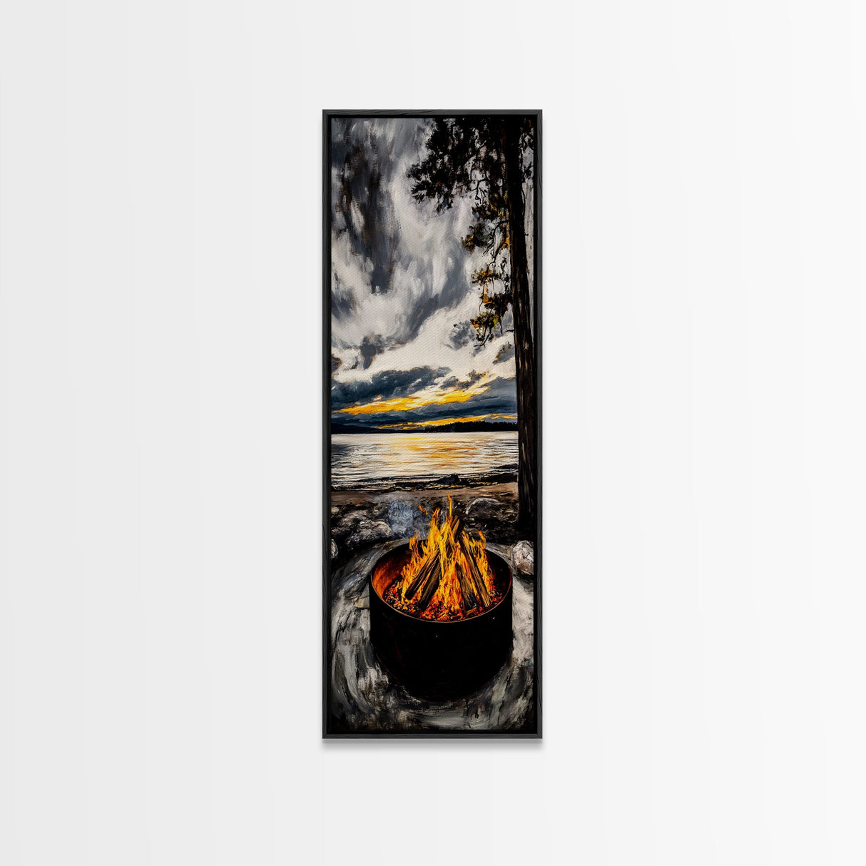 Sunset Fire Pit, Cozy Camping Decor, Lakeside Bonfire, Outdoor Wall Art, Framed Canvas Print, Rustic Lodge Art, Warm Tones, Cabin Decor