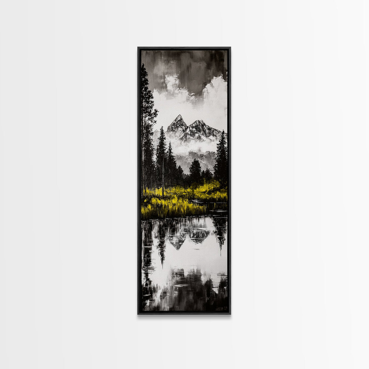 Twin Peaks, Forest Reflection, Framed Canvas Print, Mountain Art, Nature Decor, Rustic Landscape, Black and White Art, Bedroom Art