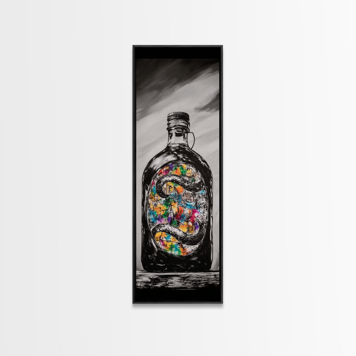 Snake in Bottle, Surreal, Dark Art, Framed Canvas Print, Gothic Home Decor, Unique Gift, Mysterious Artwork, Living Room Wall Art