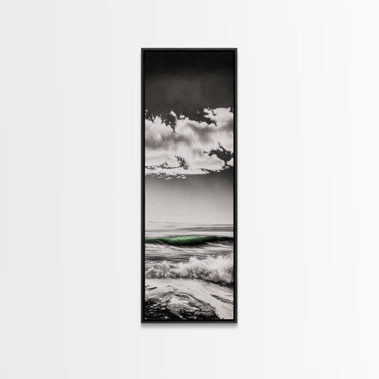 Coastal Waves, Black and White, Green Wave, Framed Canvas Print, Modern Beach Wall Art, Minimalist Ocean Decor, Living Room Art