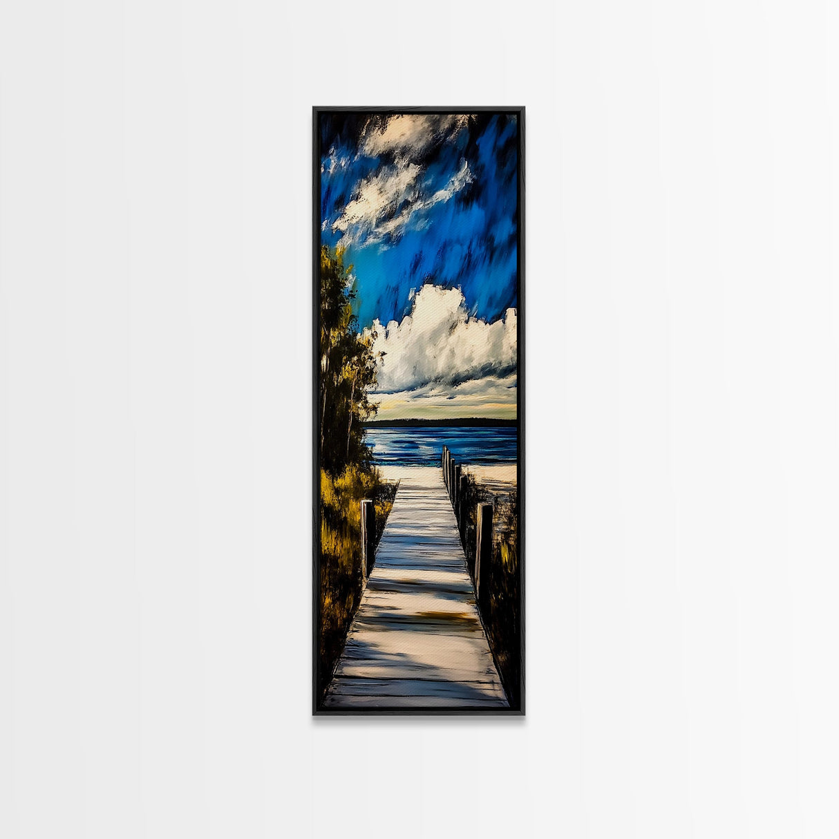 Serene Dock, Lake View, Blue and Gold, Canvas Print, Peaceful Nature Scene, Rustic Wall Art, Cabin Decor, Living Room Artwork