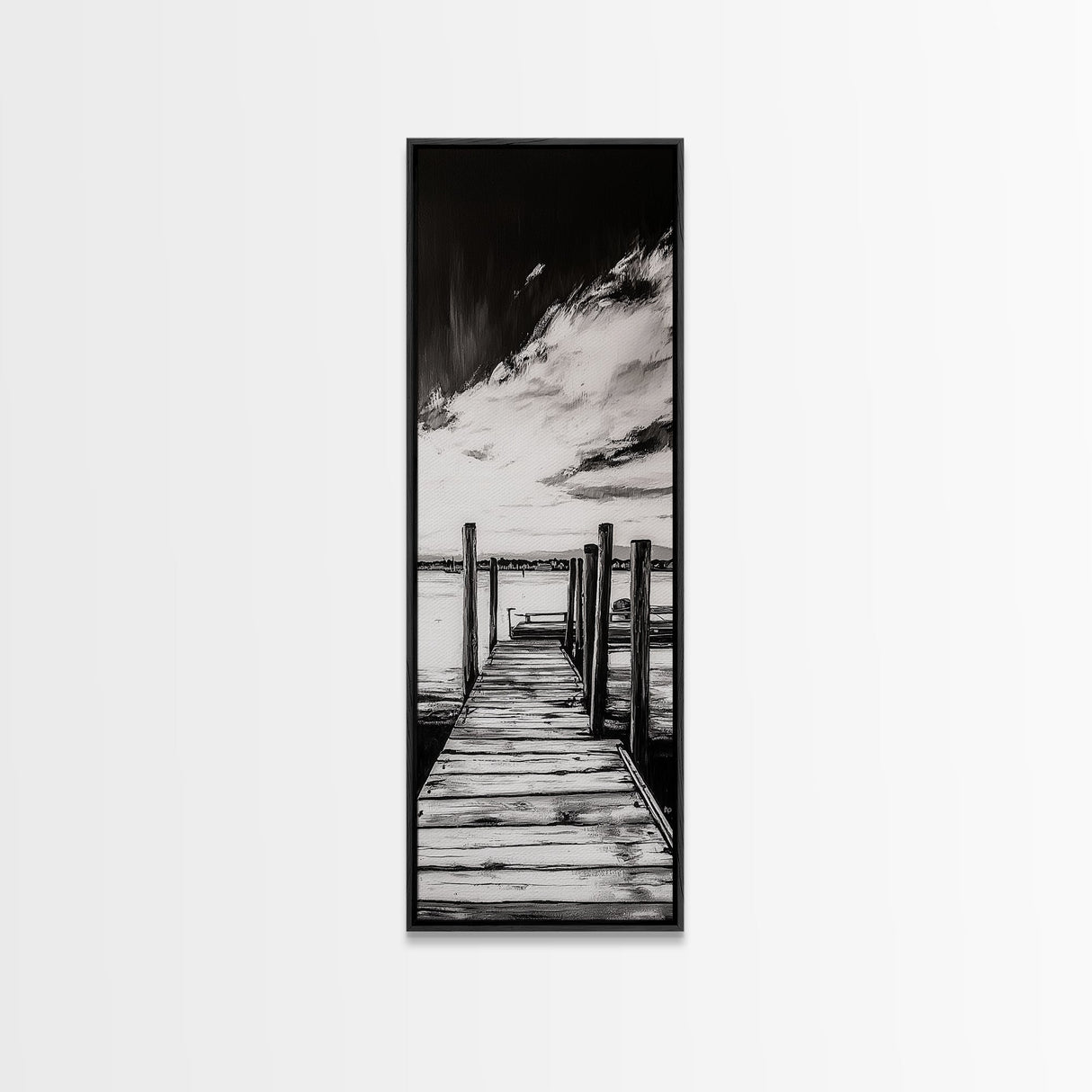 Wooden Dock, Black and White Lake Art, Rustic Cabin Wall Decor, Peaceful Waterfront Scene, Minimalist Landscape, Canvas Print