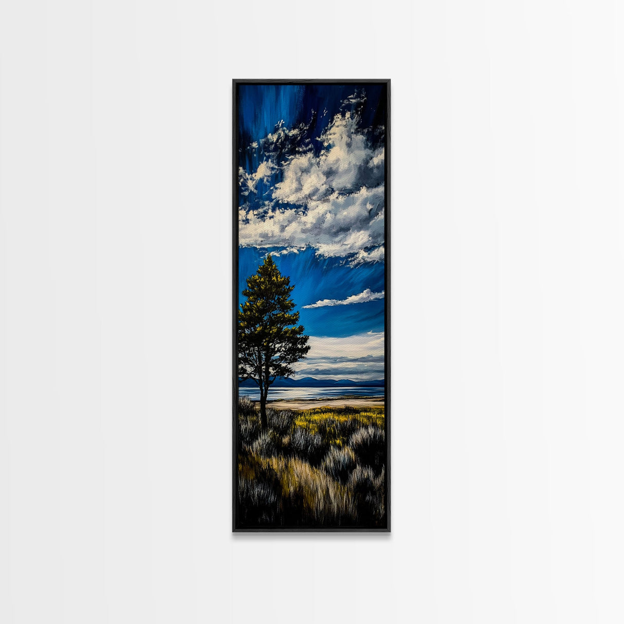 Serene Countryside Scene, Blue Sky Landscape, Peaceful Nature Art, Framed Canvas Print, Minimalist Home Decor, Bedroom Wall Art