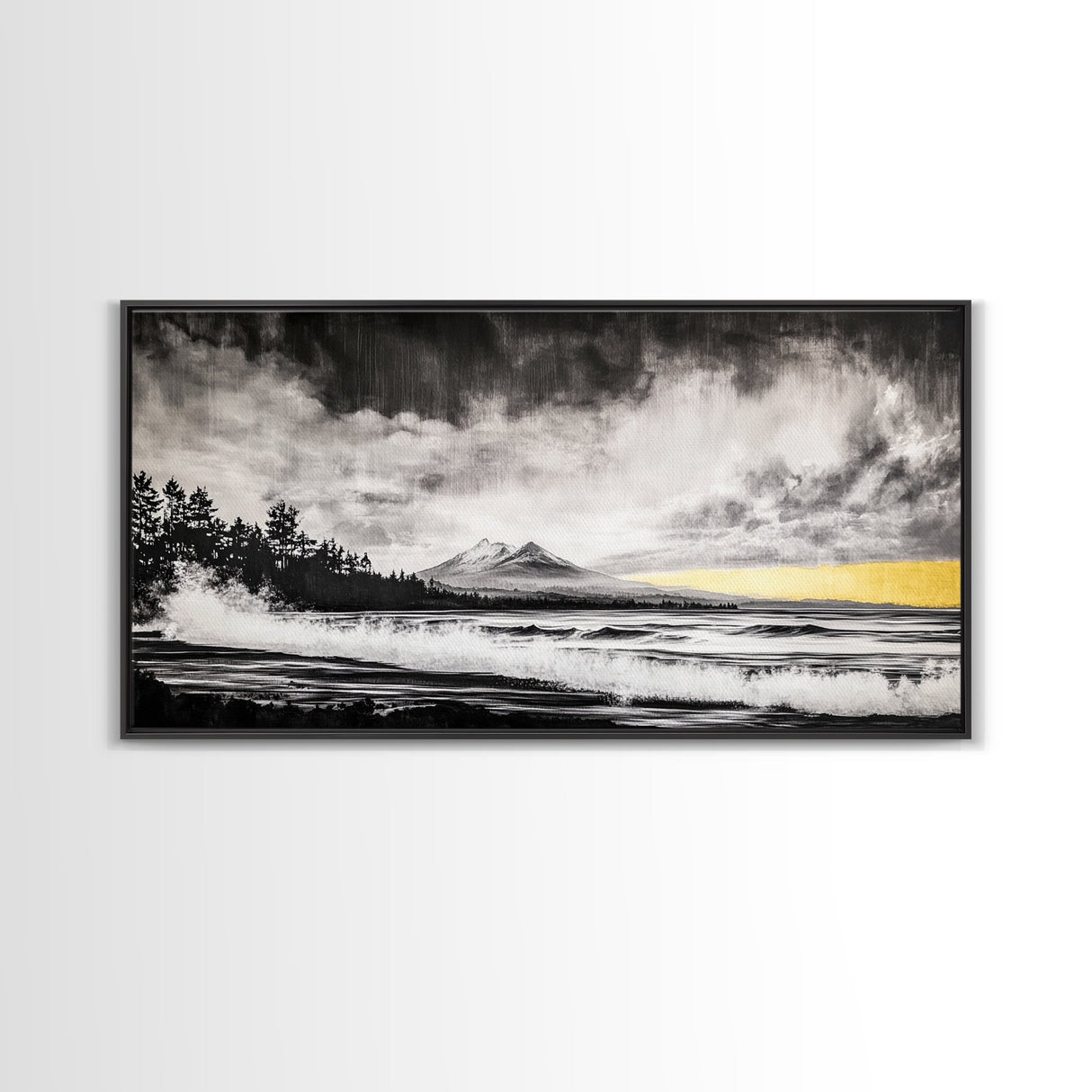 Stormy Ocean, Mountain View, Dramatic Landscape, Coastal Art, Black and White, Framed Canvas Print, Modern Wall Art, Office Decor
