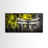 Dragonfly Art, Nature Insect, Modern Botanical, Black and White Sketch, Yellow Green Abstract, Framed Canvas Print, Bedroom Wall Decor