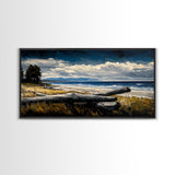 Seaside View, Dramatic Sky, Coastal Landscape, Nature Painting, Deep Blue Tones, Framed Canvas Print, Beach House Decor, Living Room Art