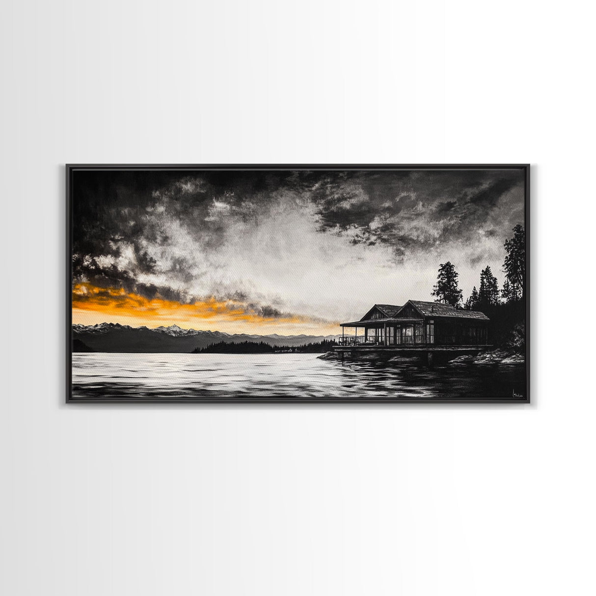 Sunset Cabin, Lake House Art, Mountain Retreat, Framed Canvas Print, Rustic Home Decor, Nature Wall Art, Bedroom Wall Art