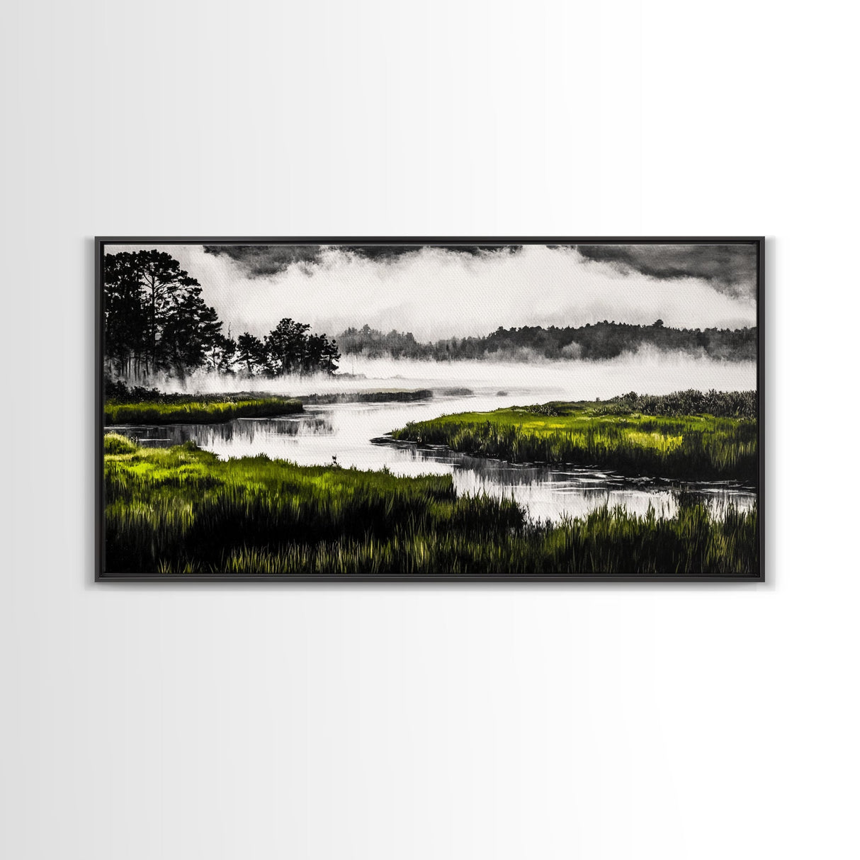Misty Marsh, Green Landscape, Nature Lover Art, Framed Canvas Print, Serene Wall Art, Living Room Art, Minimalist Decor