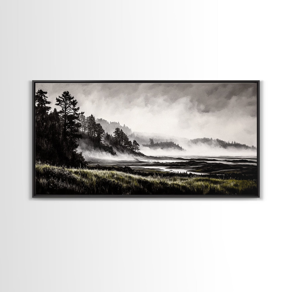 Foggy Hills, Woodland Landscape, Monochrome Art, Canvas Print, Rustic Nature Decor, Peaceful Wall Art, Mountain Art