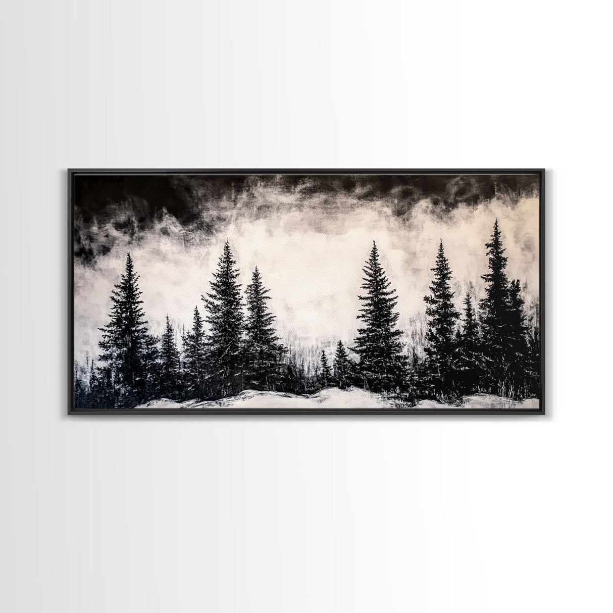 Pine Trees, Fog, Winter, Black and White, Framed Canvas Print, Mountain Art, Rustic Cabin Decor, Christmas Gift, Minimalist Home Wall Art