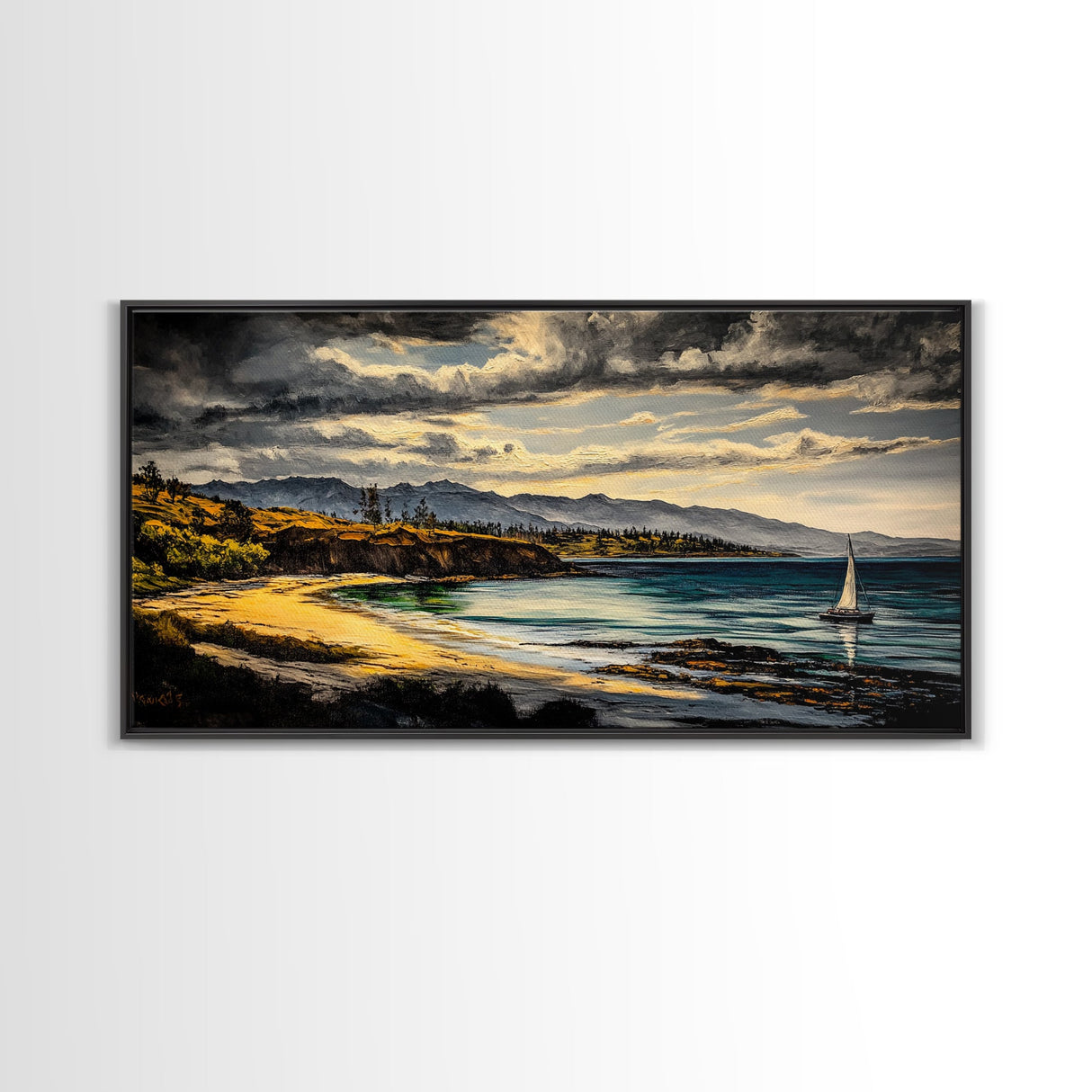 Sailboat, Coastal Sunset, Dramatic Sky, Framed Canvas Print, Nautical Wall Art, Beach House Decor, Ocean Lover Gift, Living Room Art