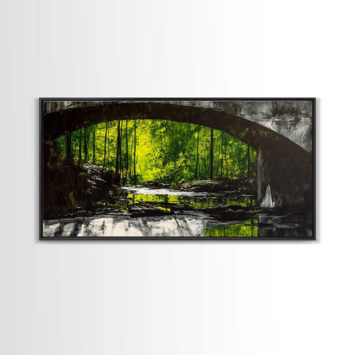 Forest Bridge, Green Nature Art, Canvas Print, Moody Landscape Painting, Rustic Wall Decor, Dark Green Art, Bedroom Wall Art