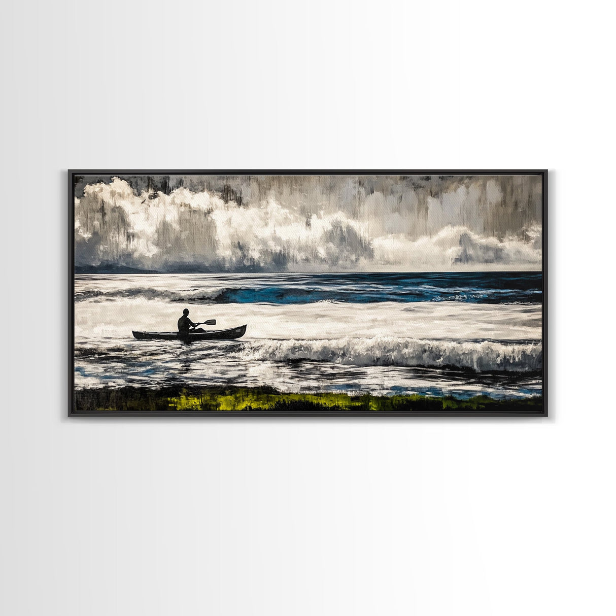 Kayaker on the Waves, Black and White Canvas Print, Ocean Adventure Wall Art, Nautical Decor, Living Room Artwork, Framed Canvas Print