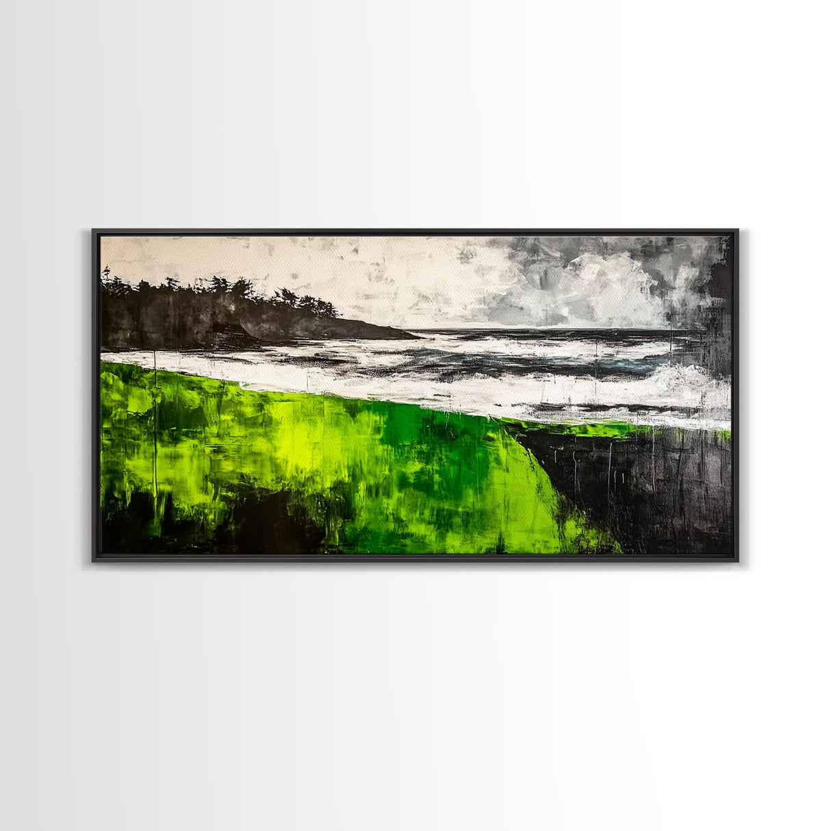 Green Cliffside, Coastal Landscape, Ocean Art, Black and White Seascape, Modern Home Decor, Nautical Theme Artwork, Framed Canvas Print