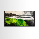 Green Cliffside, Coastal Landscape, Ocean Art, Black and White Seascape, Modern Home Decor, Nautical Theme Artwork, Framed Canvas Print