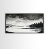 Monochrome Landscape Art, Misty Lake Canvas Print, Nature Wall Decor, Black and White Painting, Living Room Artwork, Framed Canvas Print