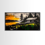 Rustic Cabin Art, Golden Sunset Canvas Print, Autumn Landscape Painting, Nature Wall Decor, Cozy Home Aesthetic, Framed Canvas Print